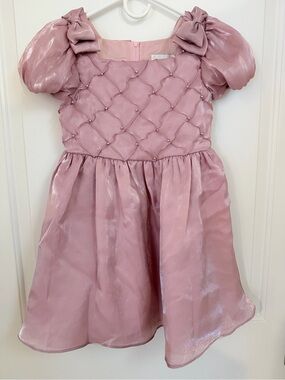 Rare Editions Pink Shimmer Quilted Bodice Puff Sleeve Dress